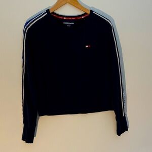 ✅ TOMMY HILFIGER Sport Long Sleeve Designer Cropped Workout Sweatshirt Navy Blue